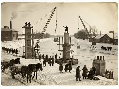 Общий вид строительной площадки Рогачёвского моста зимой